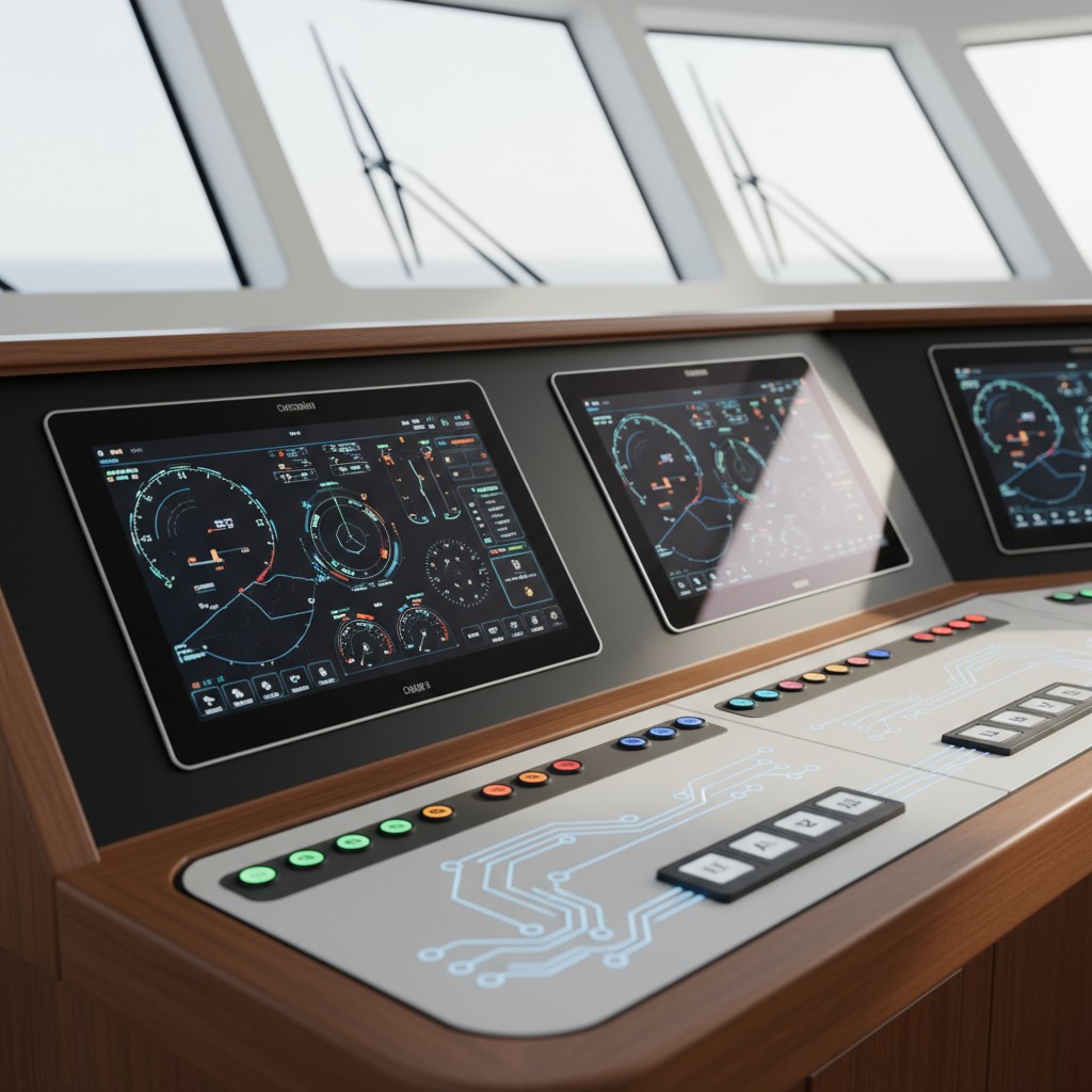 An electronic control panel with three tablet screens displaying navigation maps and buttons, suggesting an automated navi...