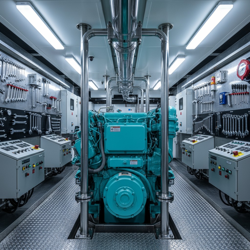 A photograph of a large industrial room with machinery and pipes, containing alt text.